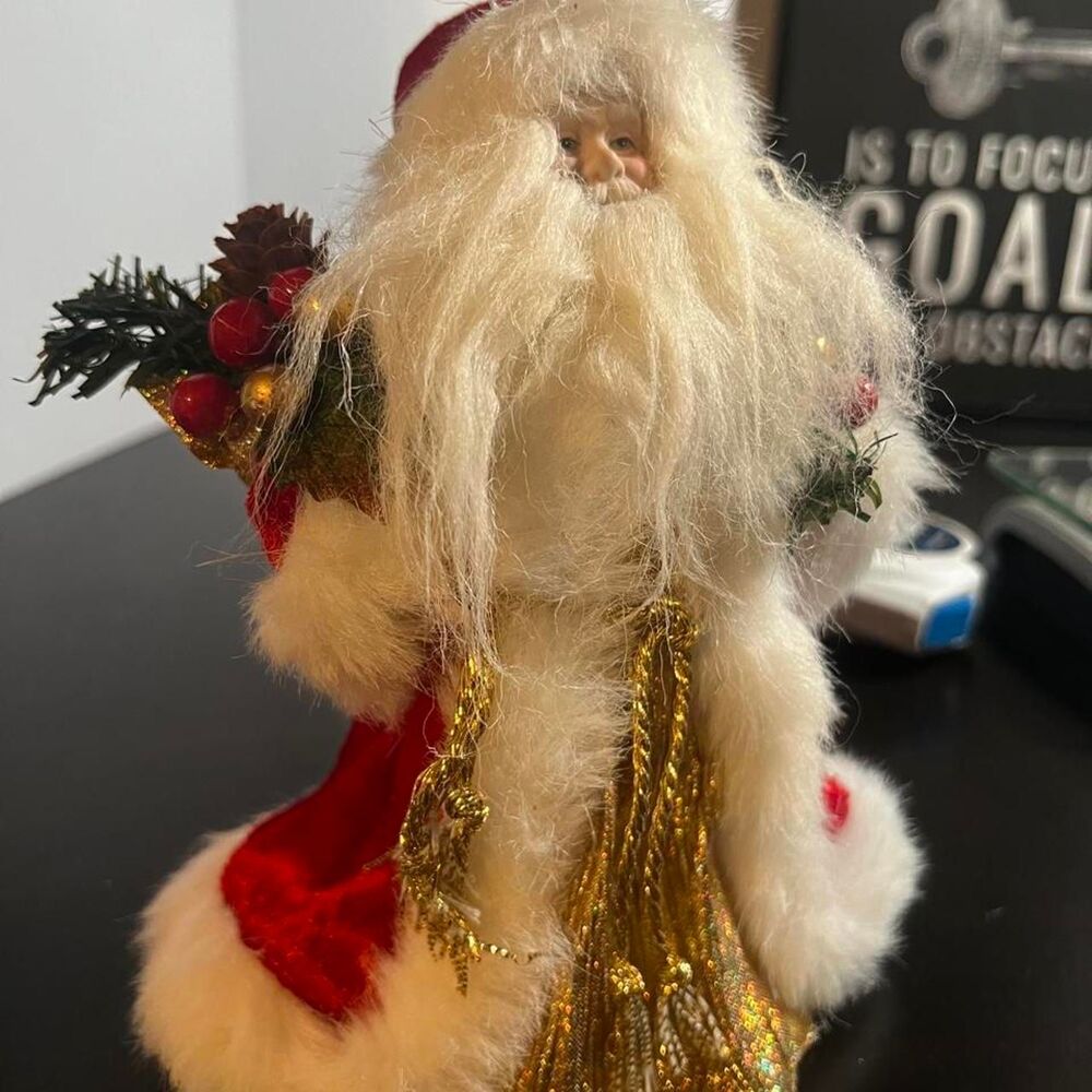 Vintage Santa Claus Christmas Tree Topper Red Velvet Gold Gown Toy Sack Decor 8”